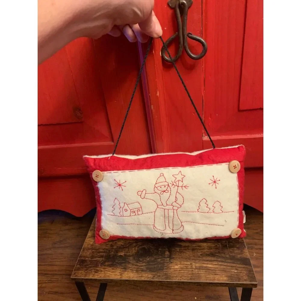 Rustic Country Embroidered Santa Pillow Door Hanger Christmas Holiday Buttons